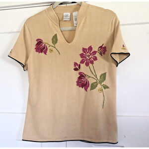 Vintage Emma James Liz Claiborne Short Sleeve Women's Sweater Embroidered Beaded